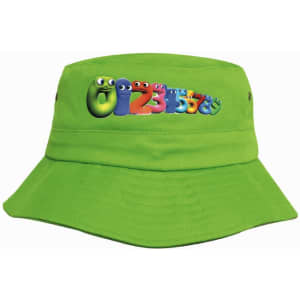 A bright green youth bucket hat featuring a colourful numeral design and an attached logo.