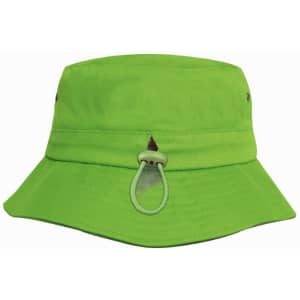A bright green bucket hat featuring a drawstring and a logo. Ideal for outdoor activities and protection from the sun.