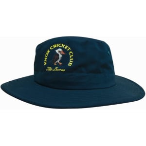 A navy blue microfiber adjustable bucket hat featuring a logo with a bird design.