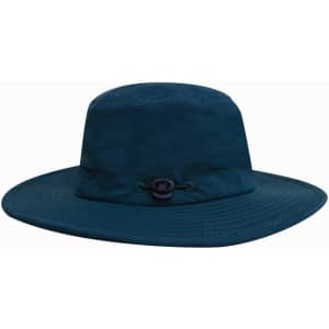 A dark blue microfibre adjustable bucket hat with a wide brim and a toggle for fit adjustment.