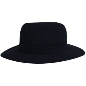 A black microfibre adjustable bucket hat with a wide brim and a simple design. It features a logo.