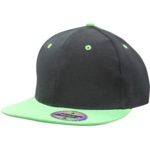A snapback cap featuring a dark grey body and a bright green peak, with a logo on the front.