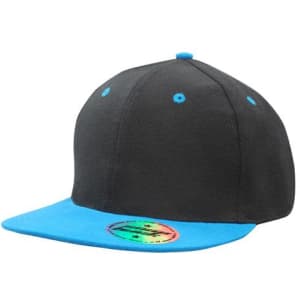 A black cap with a blue peak and button, featuring a colourful circular logo on the brim.