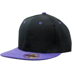 A black cap with a purple brim and accents, featuring a logo on the underside of the brim.