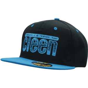 A black cap with a blue flat brim and a logo on the front. The design features a bold blue text.