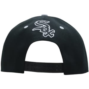 A black cap with a snapback style, featuring an embroidered logo on the back.