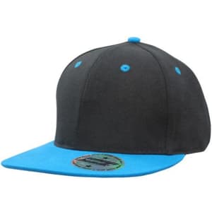 A black cap with a blue peak and button, featuring a logo on the side. Suitable for youth sizes.