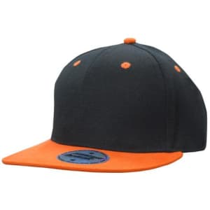 A black and orange snapback cap featuring a flat brim and a prominent logo on the front.