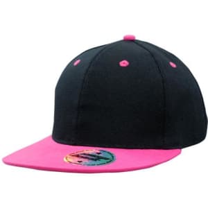 A black cap with a vibrant pink brim and a circular logo on the front. Features snapback styling for youth size.