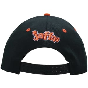 A black cap featuring orange detailing and a logo on the back. Includes a snapback closure for adjustment.