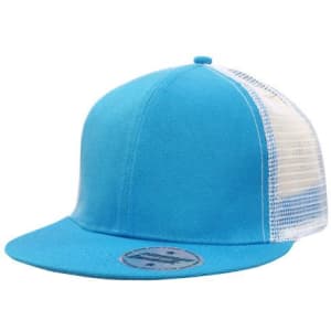 A bright blue cap with a mesh back and snapback styling, featuring a logo on the front.