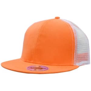 An orange cap with a mesh back and snapback style, featuring a logo on the front.