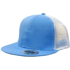 A blue cap with a mesh back and snapback closure, featuring a circular logo on the brim.