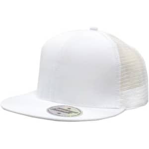 A white cap featuring a mesh back and snap back closure, showcasing a simple and modern design.