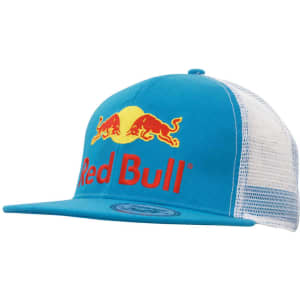 A blue cap with a mesh back featuring a logo and bold red text.