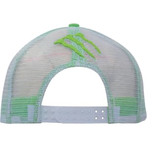 A green and white cap with a mesh back and a logo, featuring snapback pro styling.
