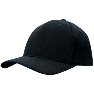 A black snapback cap made from brushed heavy cotton, featuring a curved peak and a logo on the front.