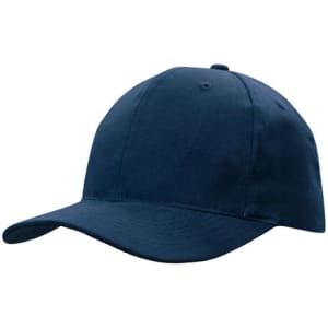 A navy blue brushed heavy cotton cap with a snapback and a logo prominently displayed.