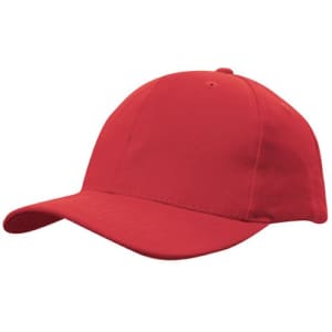A red snapback cap made from brushed heavy cotton, featuring a plain design and a curved brim.