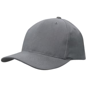 A grey snapback cap featuring a structured design and a logo.