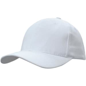 A white snapback cap with a rounded crown and a curved peak, featuring a logo.