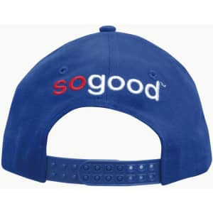 A blue cap with a snapback design featuring a logo on the back.