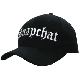 A black cap with a white embroidered logo. It features a curved brim and a snapback closure.