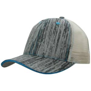 A grey patterned cap with a mesh back and a blue accent trim. It features a logo on the front.