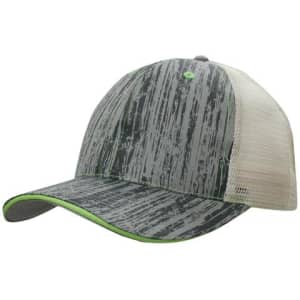 A cap featuring a grey wood print design with a light mesh back and a green accent on the brim.