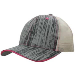 A grey and pink cap with a textured pattern and a mesh back, featuring a curved brim and a logo.
