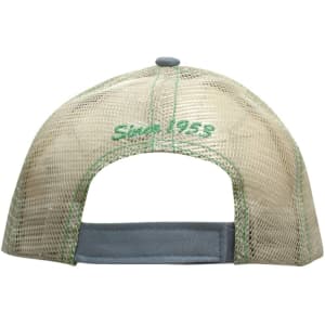 A cap with a mesh back in light beige, featuring green stitching and a logo on the back.