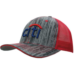 A grey and red cap featuring a mesh back and a logo on the front.
