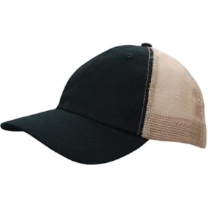 A cap featuring a black front and a soft beige mesh back, complete with a logo.