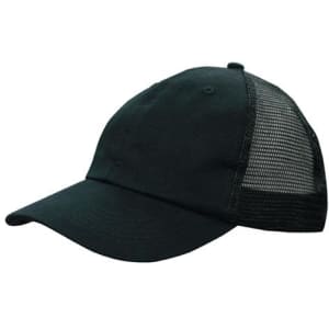 A black cap with a soft mesh back and a curved brim. Features a logo on the front.