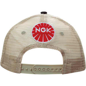 A beige cap with a soft mesh back and a round logo on the back.