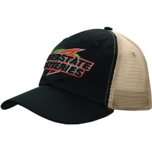 A black cap with a soft mesh back featuring a logo on the front.