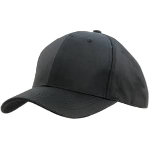 A black sports cap with a rounded crown and a curved brim, featuring a logo.