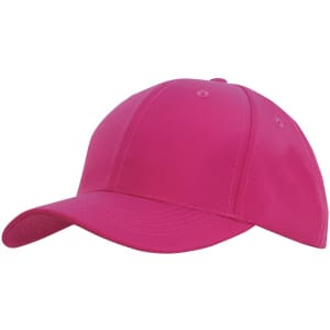 A pink sports cap with a curved brim and stitched detailing, featuring a logo on the front.