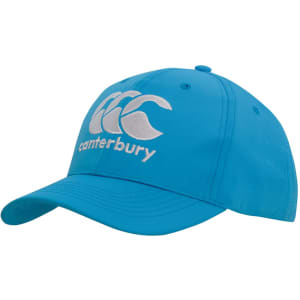A blue sports cap with an embroidered logo, featuring a curved brim and adjustable strap at the back.