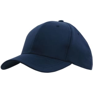 A navy blue sports cap with a rounded top and a slightly curved brim, featuring a logo.
