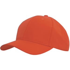An orange sports ripstop cap with a curved brim and six-panel design, featuring a logo on one side.