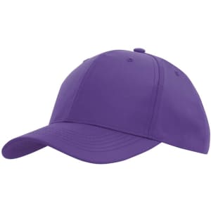 A purple sports cap with a curved brim and a button on top, featuring a logo.