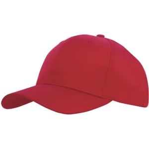 A red sports cap with a curved brim and a closed back, featuring a logo or branding.