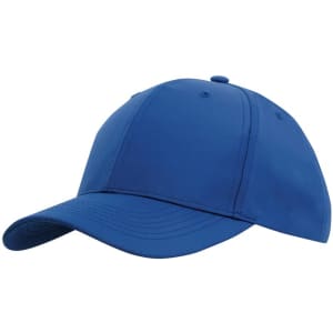 A blue sports cap with a structured design and a curved brim, featuring a logo on the front.