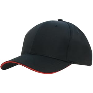 A black sports cap with red sandwich trim and a logo on the front.