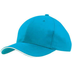 A turquoise cap with a white sandwich trim and a logo on the front.