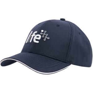 A navy cap featuring sandwich trim and a logo on the front, designed for sports and casual wear.