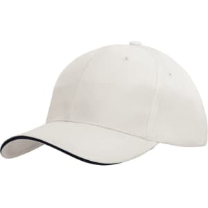 A sports cap in white with dark sandwich trim along the brim. It features ventilation eyelets and a logo.