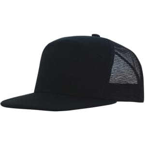 A black premium American twill A-frame cap with a mesh back, featuring a logo on the front.