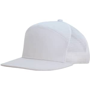 A white A-frame cap with a mesh back, featuring a solid front panel and a flat brim.
